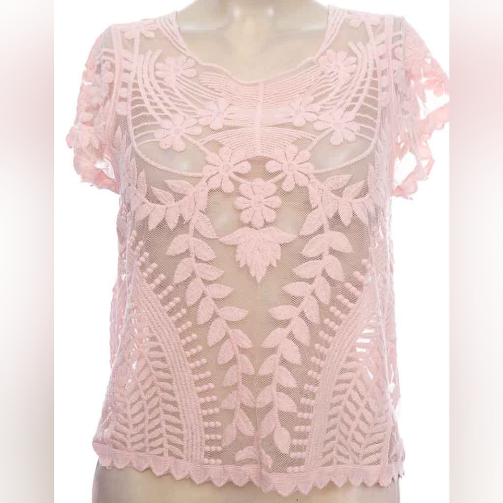 Express Sheer Pink Crochet Embellished Blouse With Short Sleeves